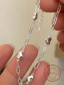 S925 Sterling Silver Simple Heart Design Chain Bracelet, Valentine's Gifts for Her, Silver Jewelry, Fashion Jewelry for Party, Daily Decor, Trendy All-match & Exquisite Jewelry for Birthday Gift, Gift Ready, Heart Shaped Bracelet, Heart Charm Bracelet