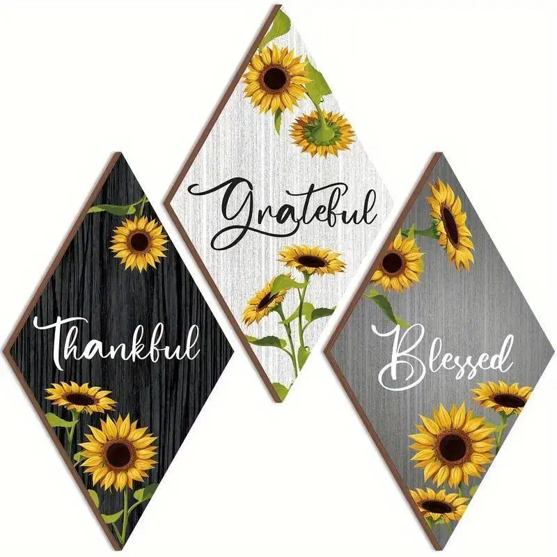 Sunflower Pattern Wooden Wall Decor, Sunflower Floral Print, 3 Counts/set Rustic Wall Art with Double Sided Adhesive, Wall Decor for Living Room Home Office Classroom Decor, Stickers, Home Decoration Products