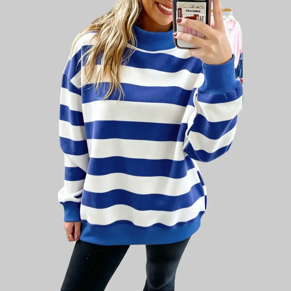 Women's 95%Cotton Mock Neck Long Sleeve Striped Loose Relaxed Pullover Sweatshirt - S-4X Blue White Colorblock, Ribbed Fabric, Casual Everyday Wear, Western Tops, Alchemai Fight Racism Top