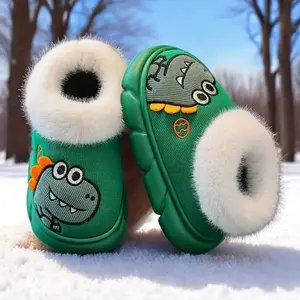 Girls & Boys Cute Dinosaur Slippers - Soft Fabric Upper with Plush Lining & EVA Sole, Green with Heart & Dinosaur Patterns, Cozy Indoor/Outdoor Winter Shoes for Kids, All-Season Comfort, Easy Slip-On Design (Low-Top) - Ideal for Home, School, Play - Durab