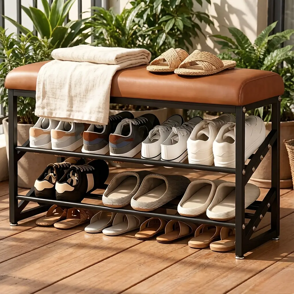 31.5IN Modern Entryway Shoe Bench with Padded Seat & Storage, Shoe Rack Organizer Cabinet, Easy to Assemble Space-Saving Shoe Bench for Hallway, Living Room, Bedroom