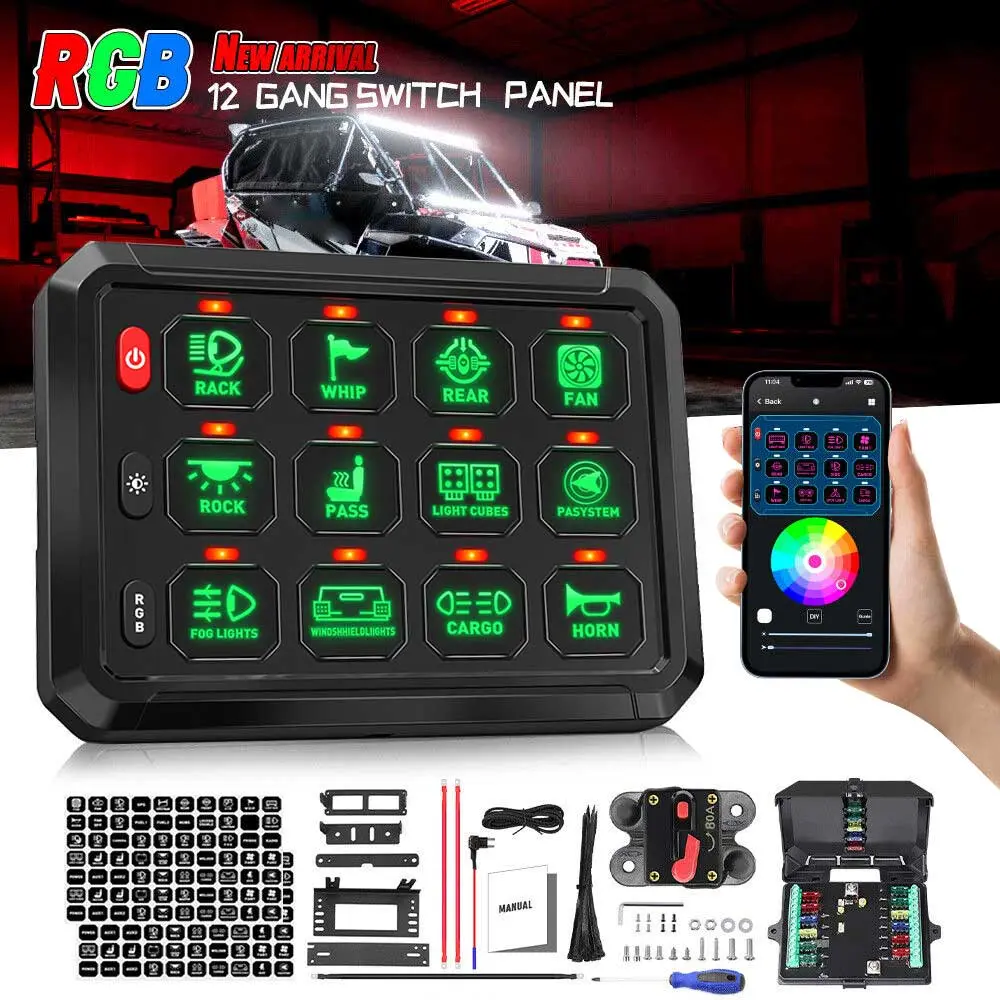 VASTFIRE RGB 12-Gang Switch Panel Complete Kit, 12V/24V Max Current 80A Rugged Brushed Aluminum Relay System with Bluetooth App Control, Memory Function, RGB Color Adjustment, LED Car Ambient Light for Marine Electrical Equipment, Car Lighting Accessories