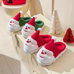 1pc Santa Claus Plush Slippers - Soft Red & Green Holiday Footwear with Pompom Trim, Slip-On Indoor/Outdoor Shoes for Christmas Party, Home Decor, For Teenager