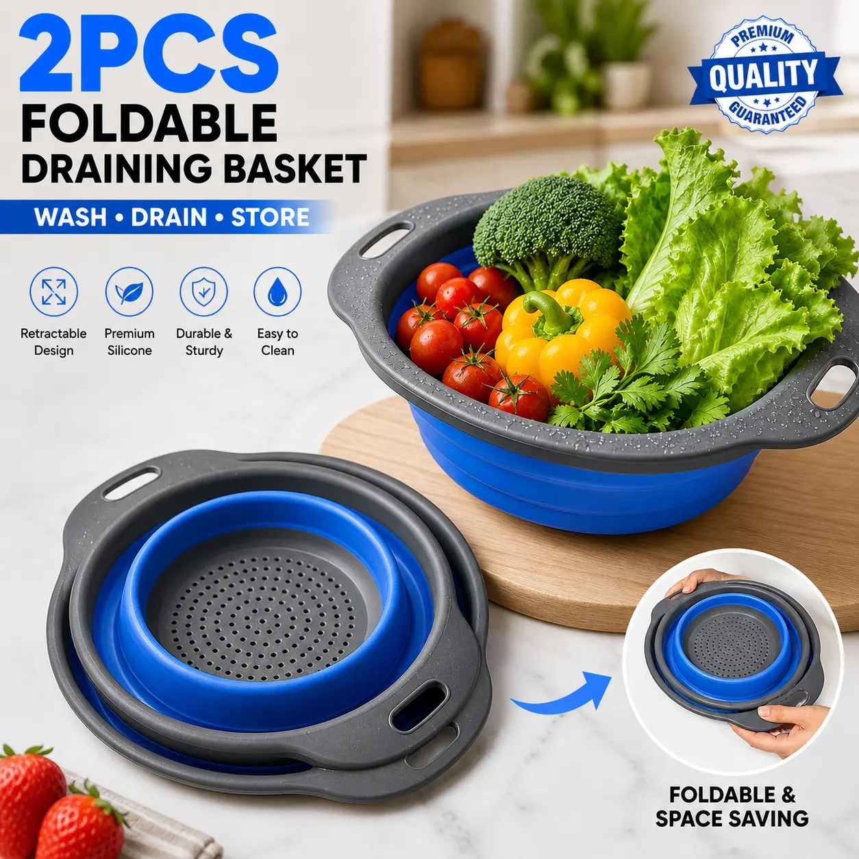 2PCS Premium Foldable Expandable Draining Basket Set - Sturdy Adjustable Size Compact Portable Over-the-Sink Rinsing Tool Sieves and Colanders, Fast Drainage Silicone Kitchen Gadgets for Vegetable Washing & Meal Prep, Portable Over-The-Sink Sieves And Col