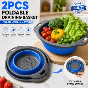 2PCS Premium Foldable Expandable Draining Basket Set – Multi-Functional Retractable Round Colander, Adjustable Silicone Kitchen Utensils for Sink Vegetable & Fruit Washing