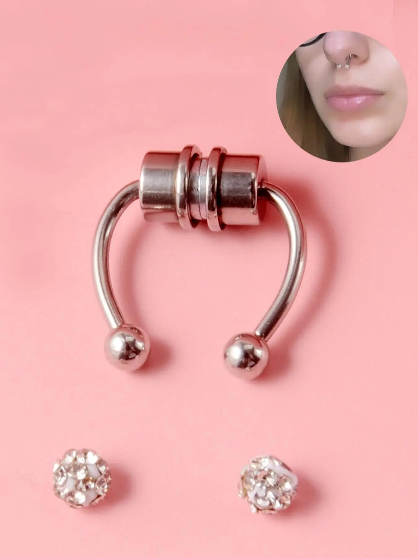 Body No Piercing Fake Piercing Body Jewellery Magnetic Nose Rings with Rhinestone Decorated Replacement Head Magnetic Nose Cuff for Men & Women, Non Piercing Jewelry, Spiral Nose Ring Nose Rings Set, Faux Septum Piercings