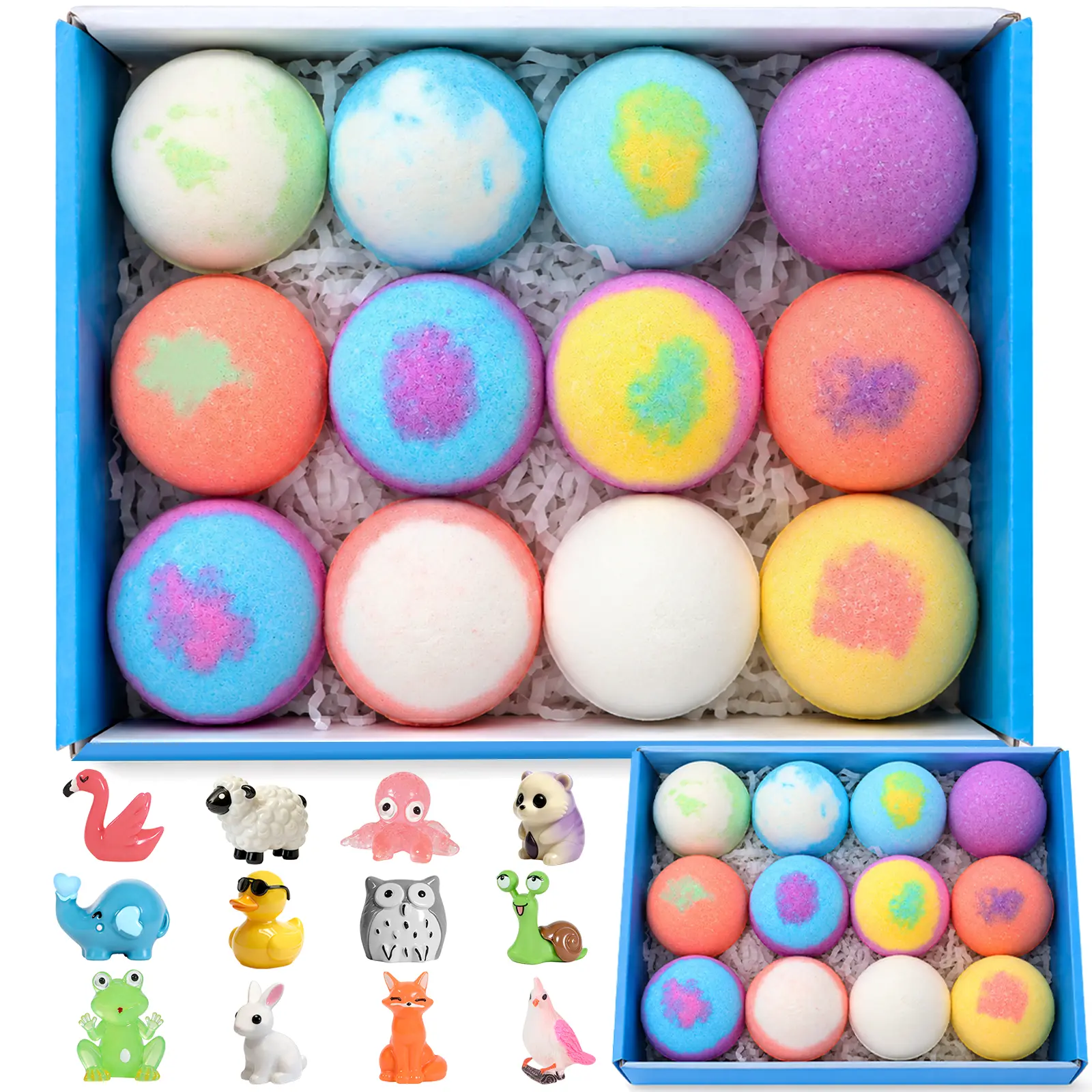 Summer Bath Fizzies for Kids, 12 Pack Colorful Bath Bombs with Animal Bath Toys, Gentle Formula, Ages 3+