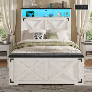 Hasuit Farmhouse Bed Frame Twin Size with Storage Headboard, Charging Station and LED Light, Wooden Twin Bed Frame with Storage Ottoman, Barn Door Design, No Box Spring Needed, No Noise