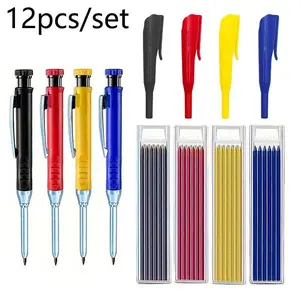 Woodworking Pencil Set, 12pcs/set Including 4 Woodworking Lead Pencils & 4 Pen Clips & 4 Sets Refills, Multi-color Woodworking Marking Pens, Woodworking Scriber, Office Stationery & Supplies