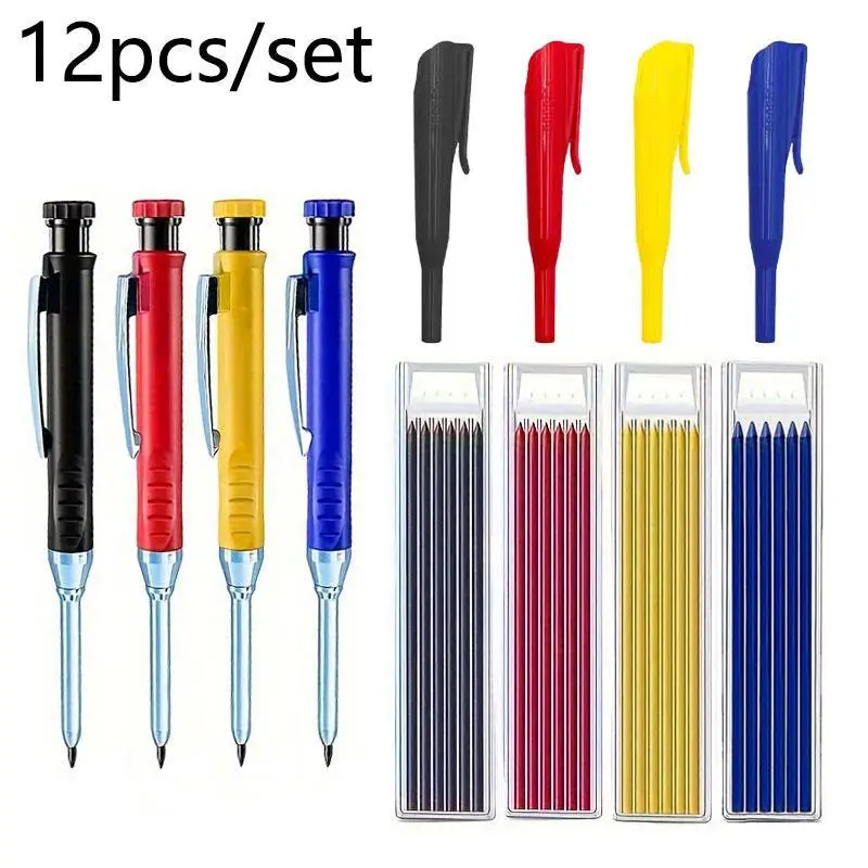Woodworking Pencil Set, 12pcs/set Including 4 Woodworking Lead Pencils & 4 Pen Clips & 4 Sets Refills, Multi-color Woodworking Marking Pens, Woodworking Scriber, DIY Tool, Office Stationery & Supplies