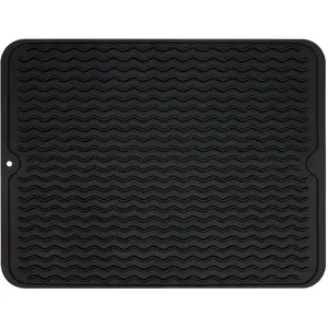 Modern Silicone Dish Drying Mat, 16x12 Inches Black Kitchen Mat, Easy-Clean, Space-Saving, Heat-Resistant for Kitchen Counter, Sink, Refrigerator Liner
