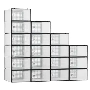 18 Pack Stackable Clear Shoe Boxes with Front Door, Foldable Plastic Shoe Storage Organizers for Closet, Sneaker Display Cases, Transparent Shoe Containers for Men and Women, Fits up to US Size 16 Womens or 14 Mens