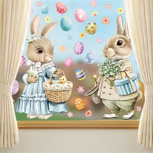 38 PCS / 2 Sheets Easter Bunny Egg Static Window Clings - Residue-Free Reusable, Removable Window Decal, Cute Personified Bunnies Spring Decor Stickers for Home Holiday Ambiance