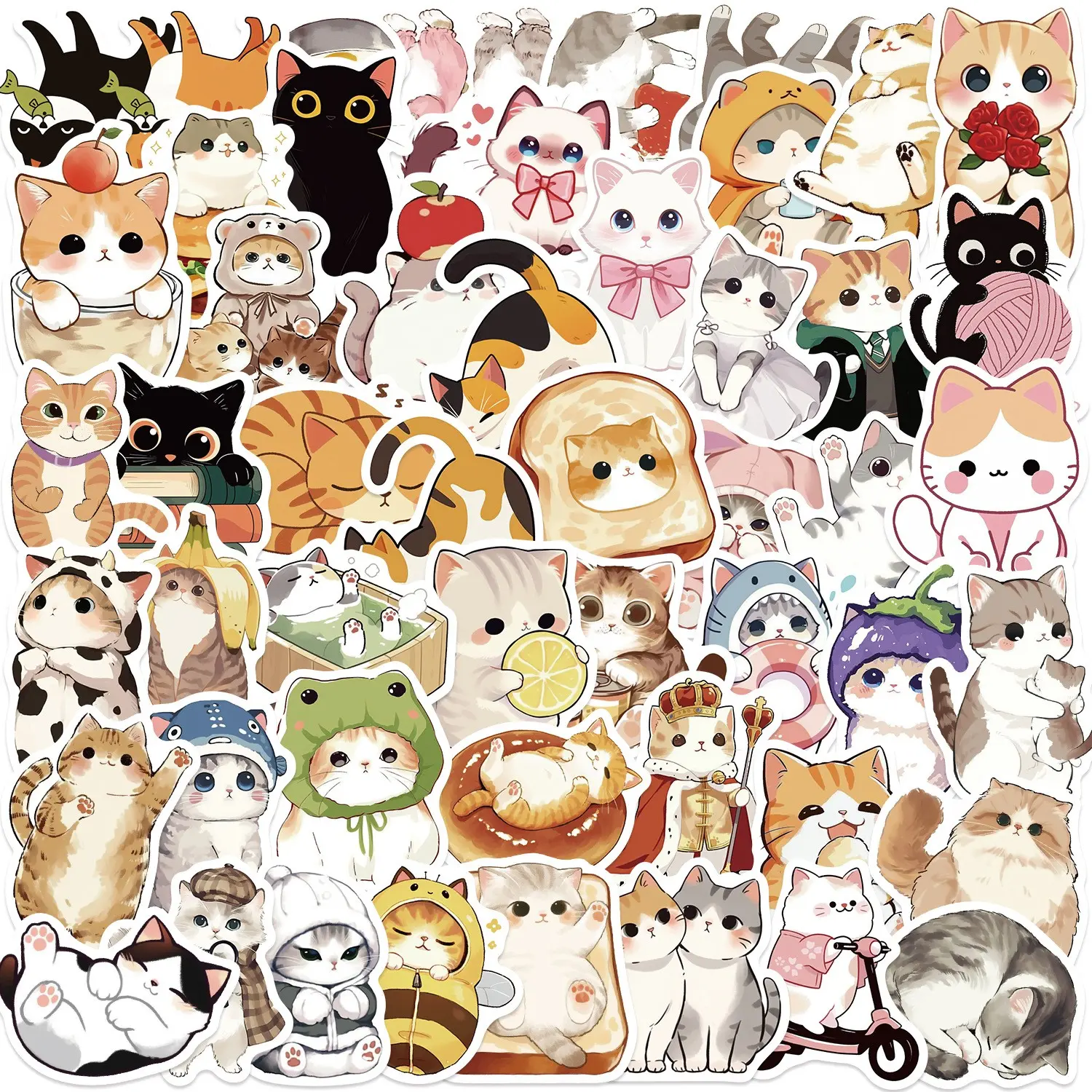 50 Cute Cartoon Cat Stickers, Waterproof DIY Decorations for iPad, Luggage, Notebook, Fun and Durable Adhesives