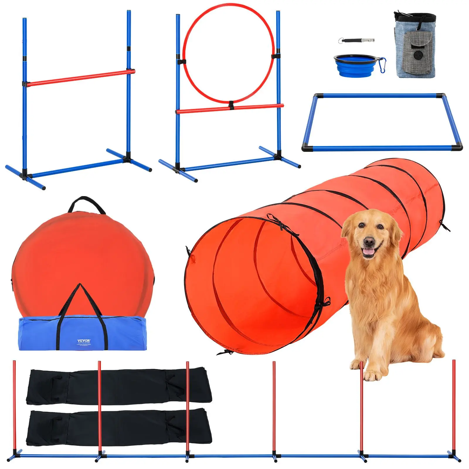 【summerfinds】VEVOR Portable Dog Agility Training Equipment Kit - 5-PCS Upgrade Set with Adjustable High Hurdles, 6 Weave Poles, Extended Tunnel, Jump Ring, Pause Box, Whistle, Foldable Bowl, Storage Bag - 118.11-In Pet Training Aid, Father's Day Gift