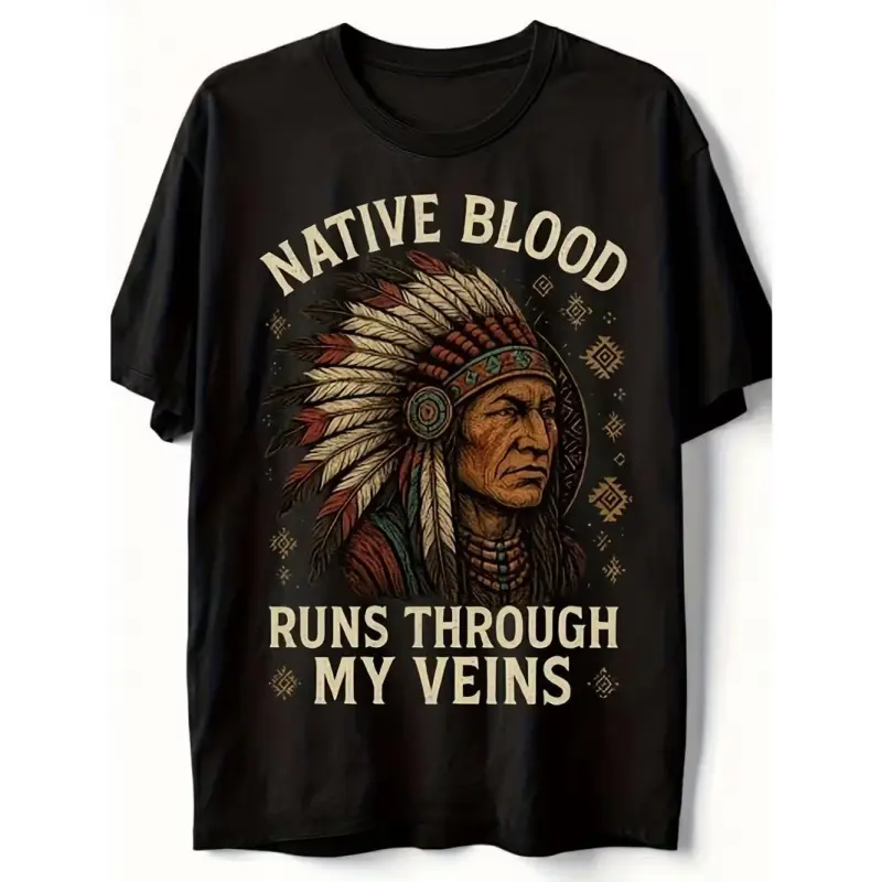 Women's Short-Sleeve Retro Print T-Shirt - Native Blood Runs Through My Veins Graphic, Indigenous Pride, Native American Heritage Casual Outfit, Tribal Headdress Design, Shortsleeve, Tshirt, Everyday, Vintage, Top, Round Neck, Tee, Tops, Fashion Apparel