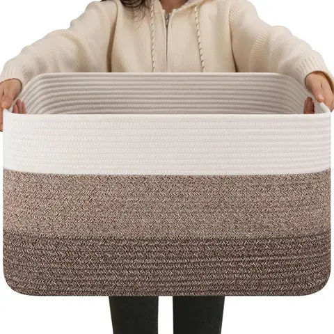 Natural Cotton Large Woven Carry Basket - Sturdy Handles for Heavy Items, Double Threads, Gradient Dark Brown Rectangular Home Organizer, 1-Piece for Toy & Clothes Storage