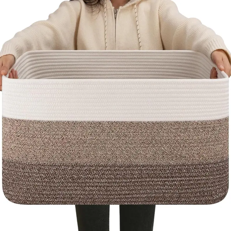 Natural Cotton Large Woven Carry Basket - Sturdy Handles for Heavy Items, Double Threads, Gradient Dark Brown Rectangular Home Organizer, 1-Piece for Toy & Clothes Storage