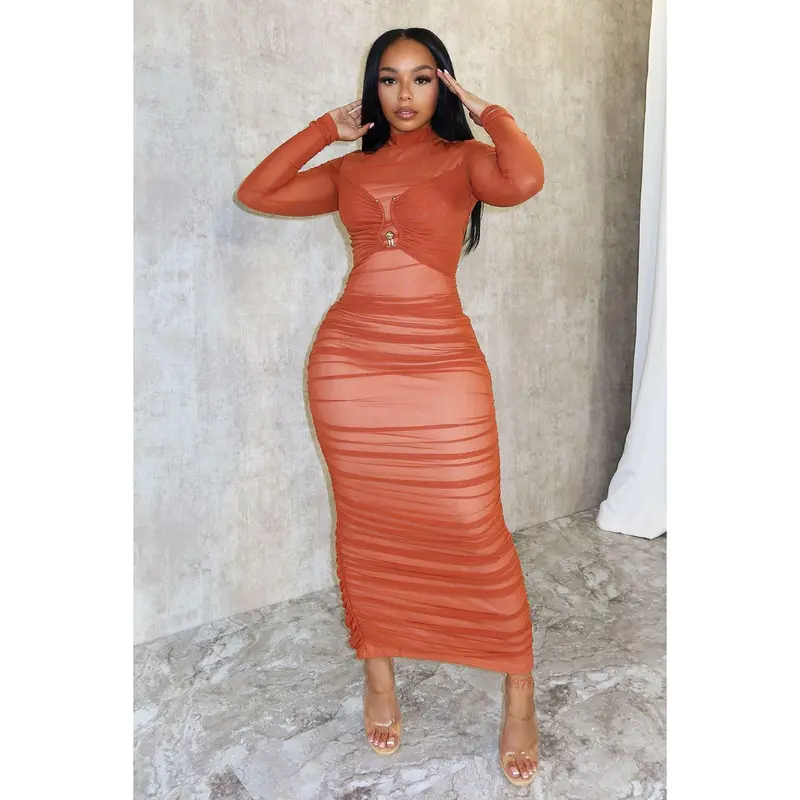 chinese dress ladies Ruched Mesh Midi Dress