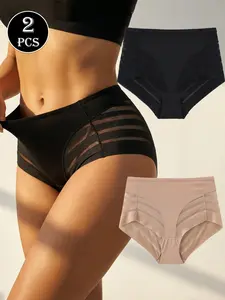 Women's Seamless Mid-Waist Shapewear Panties, & Coffee Color Lace Breathable Comfort, Fashion Simple Bodyshaper Underwear