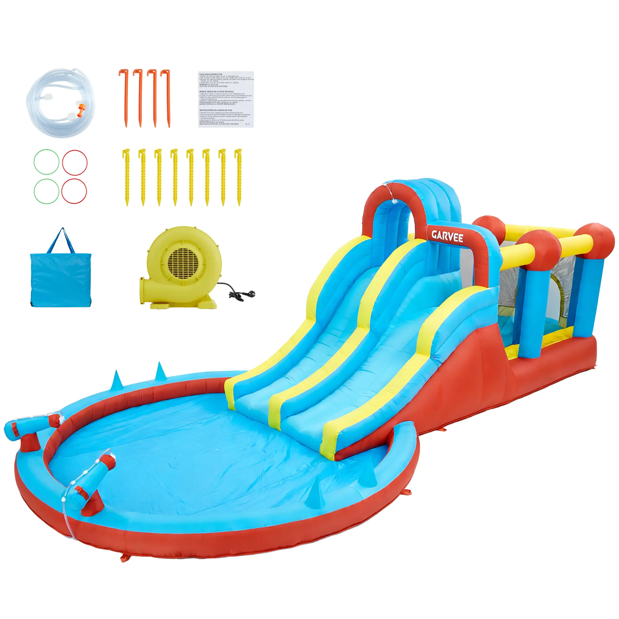 GARVEE 23FT 7-in-1 Inflatable Water Slide Park for Kids – Dual Racing Slides Bounce House with Splash Pool, Climbing Wall, Water Guns for Backyard Summer Outdoor Fun
