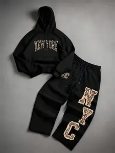 Men's Fashion Casual Two-Piece Set, Leopard Print Long Sleeve Hoodie and Drawstring Wide Leg Pants, Spring & Fall Fitted