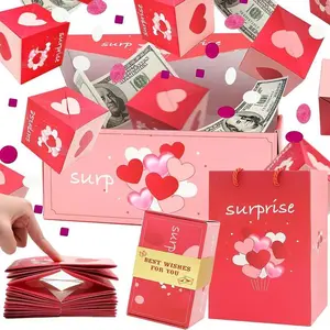 Surprise Gift Box Explosion Gift Box DIY with Bag Love Pink Red Heart Romantic Creative Pop out Cards for Anniversary Wedding Thanksgiving Mother's Day  Celebration