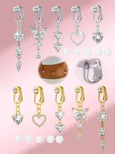 Non-Piercing Cubic Zirconia Fake Belly Rings, Fake Belly Piercing Jewelry, Silicone Pain-Relief Pad, Clip-On Umbilical Navel Fake Piercing, Women's Versatile Party Nightclub Accessory, Sparkling Stones, Cz Embellishment