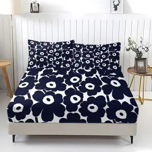 Navy Blue Poppy Floral Fitted Sheet Set, 1 Fitted Sheet with 2 Pillowcases, Scandinavian Botanical Bedding for Bedroom, Dorm & Guest Room, Decor for Adults