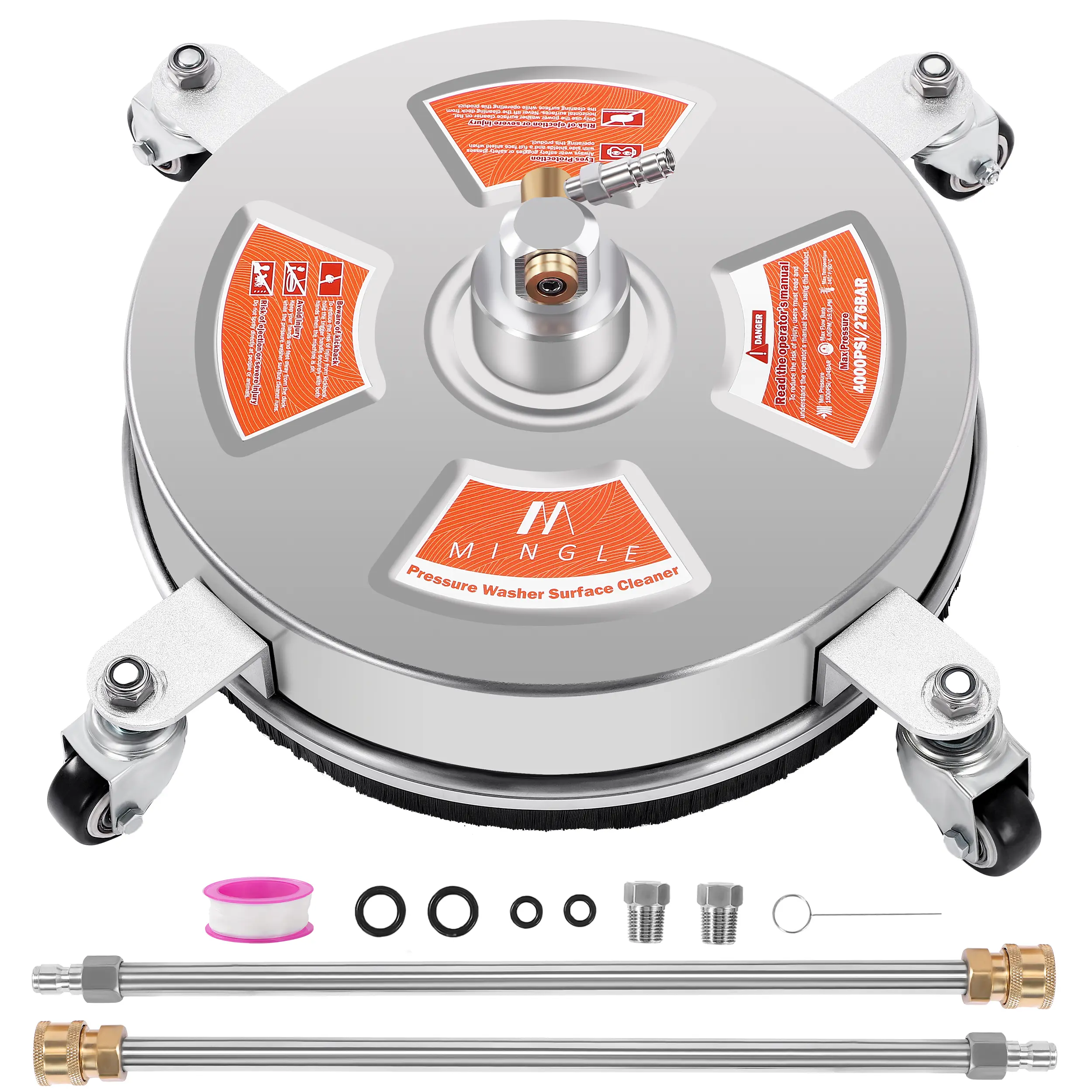 M MINGLE Heavy Duty Pressure Washer Surface Cleaner Attachment, 14" High Pressure Driveway Accessory, 2 Extension Wands, 1/4" Quick Connect, 4000 PSI, High Pressure Washer