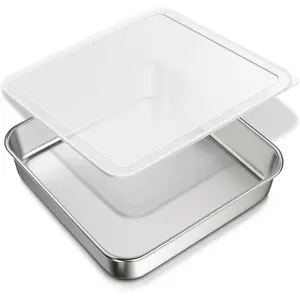 8 x 8-Inch Baking Pan with lid, 304 Stainless Steel Square Cake Pan, Commercial Grade Bakeware for Cakes Brownies Casseroles, Thicker Sheet Cake Pans, Non-toxic Heavy Duty Dishwasher Safe