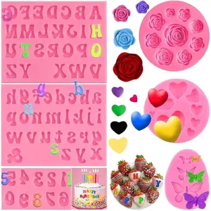 6 Pcs Lowercase Uppercase Alphabet Number Silicone Letter Molds Rose Flower Butterfly Fondant Molds for Chocolate Covered Strawberries Cake Decorating Candy Gummy Cupcake
