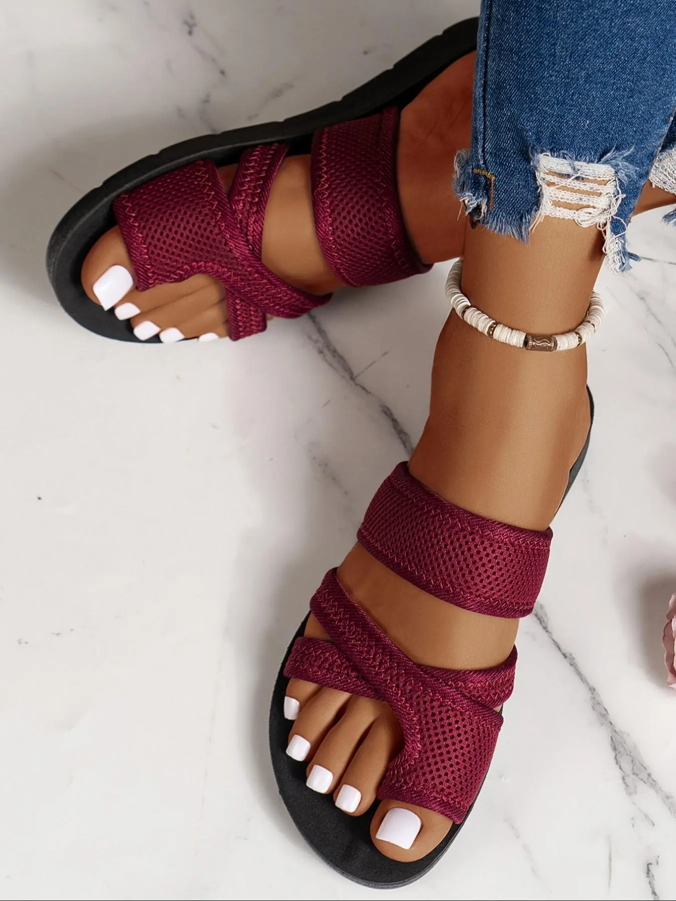 Women's Fashionable Hollow Out Design Burgundy Color Textile Material Round Toe Shape Slip on Sandals, Casual Comfortable Summer Flat Sandals for Beach, All-match Commuter Shoes for Work & Daily Wear, Boho Style Strappy Sandals, Walking Shoes