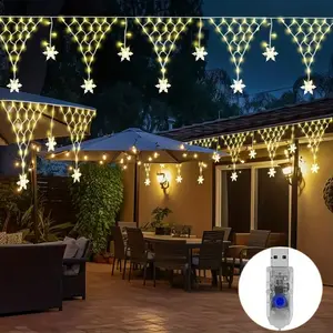 USB-powered Snowflake Curtain & Fishing Net Light Strings with 100 LED, 8 Modes - Warm White & Multicolor Triangular Grid Design, Dimmable Outdoor/Indoor LED Lights for Christmas, Halloween, Wedding, Camping Decorations