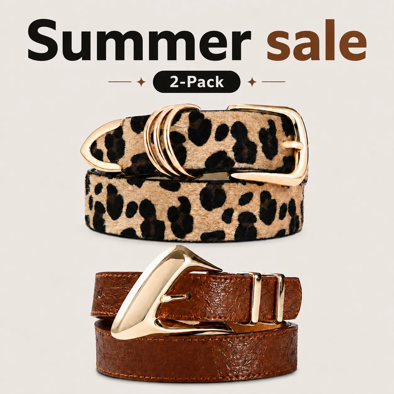 RISANTRY Women's 2-Pack Belts - Leopard Print & Brown Faux Leather Synthetic Animal Print Waist Belts with Gold Buckle for Summer Outfits, Jeans, Belts For Women
