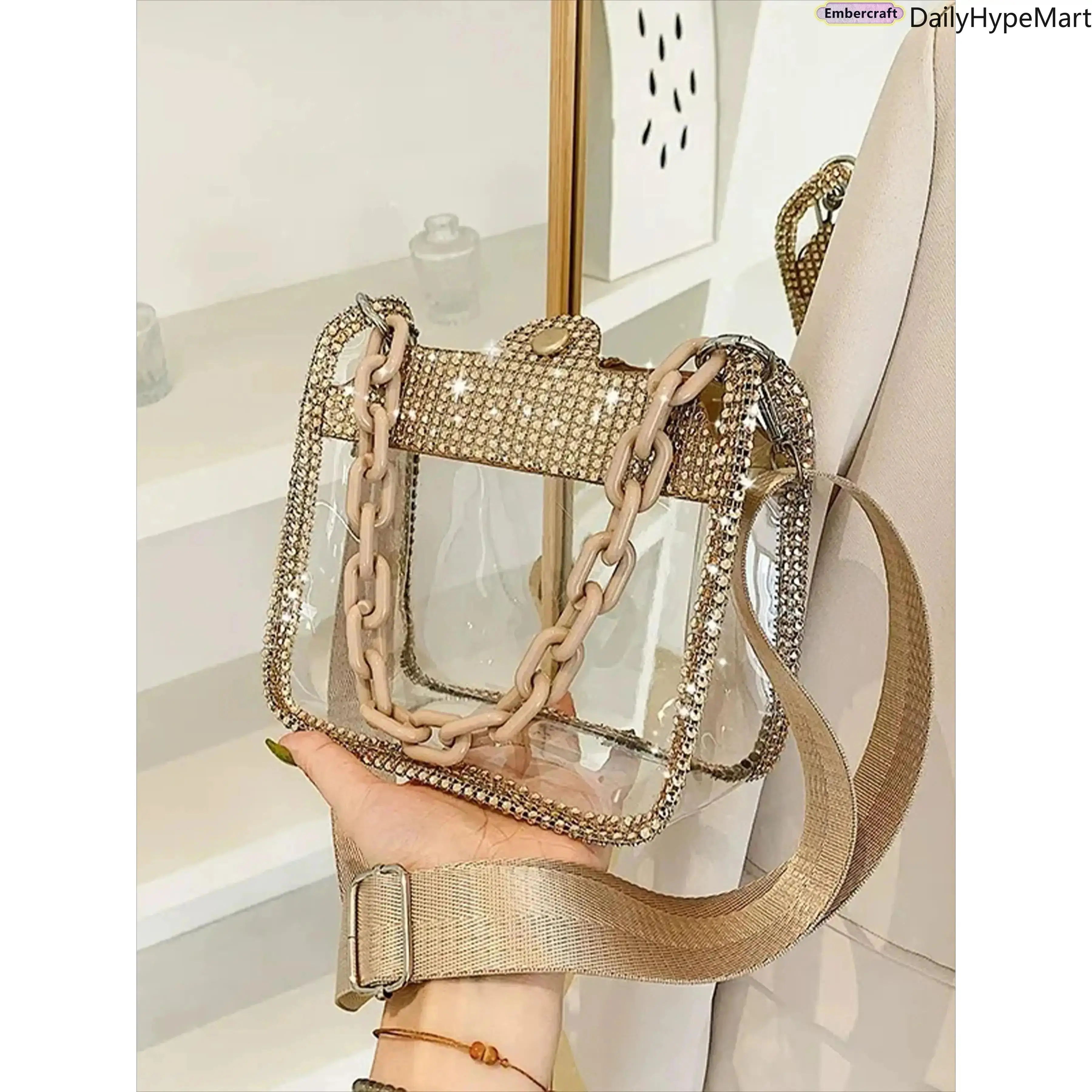 Clear PVC Crossbody Saddle Bag, Diamond Chain Strap Mini Purse