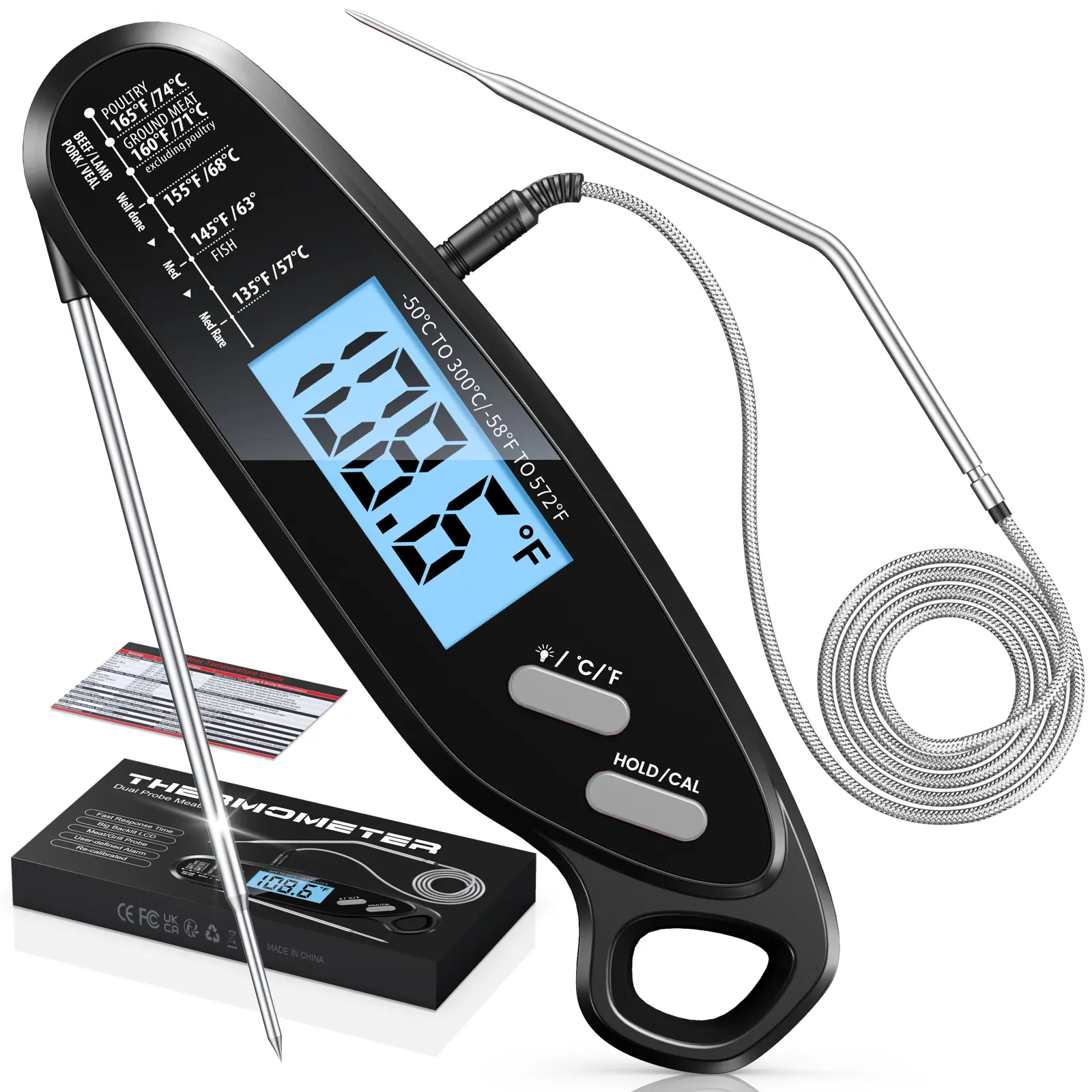 Instant Read Meat Thermometer Digital for Cooking & Grilling with Dual Probe, Big Backlit & Calibration, Food Thermometer for Grill, Smoker, BBQ, Oven, Oil Fry, Outdoor Kitchen Appliances