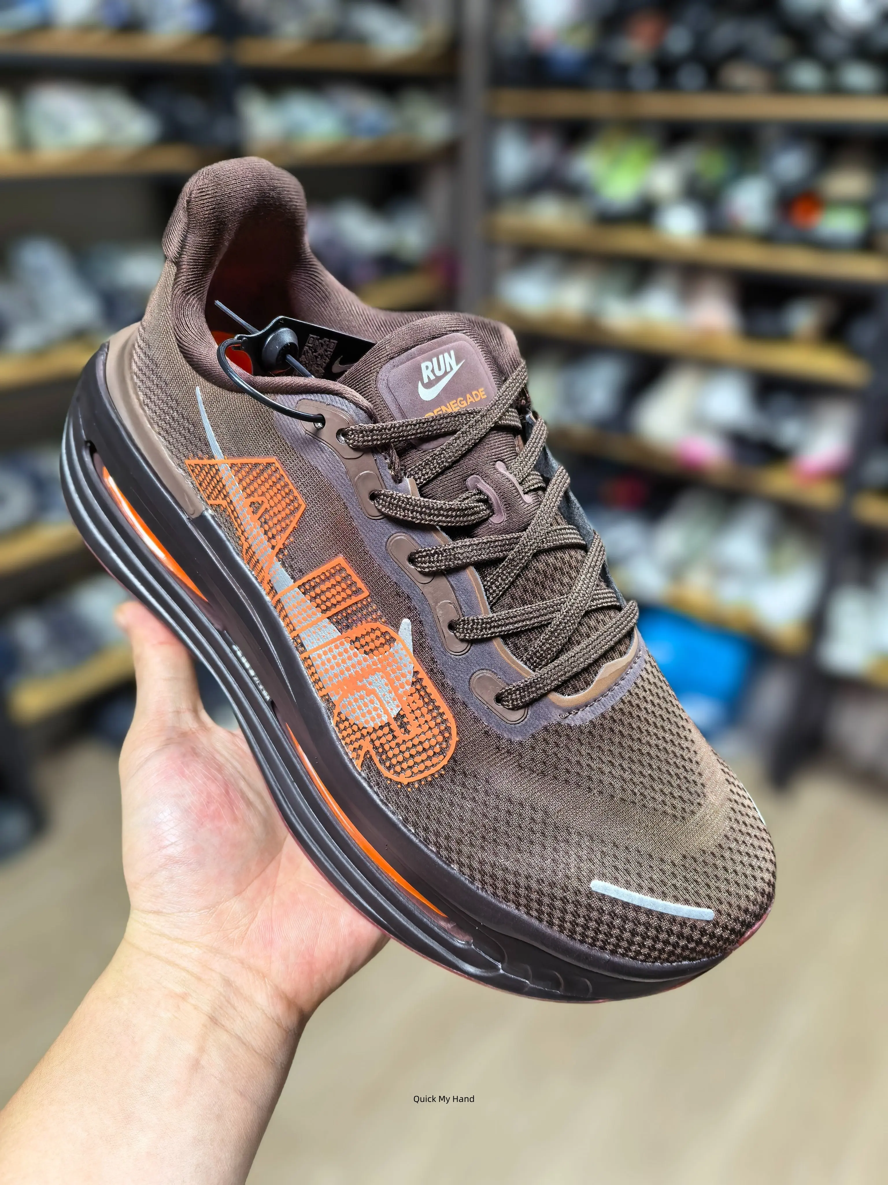 Stylish Dark Brown Mesh Cushioned Athletic Sneakers With Orange Graphic, Shock‑Absorbing Thick Sole Lace‑Up Sport Trainers, Breathable Comfort Shoes For Running Walking Gym Street Style
