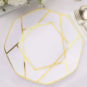 10-Pack Plastic Octagon Dinner Plates 10" White with Gold Geometric Design - Stylish Disposable Party Plates for Modern & Sophisticated Tablescape