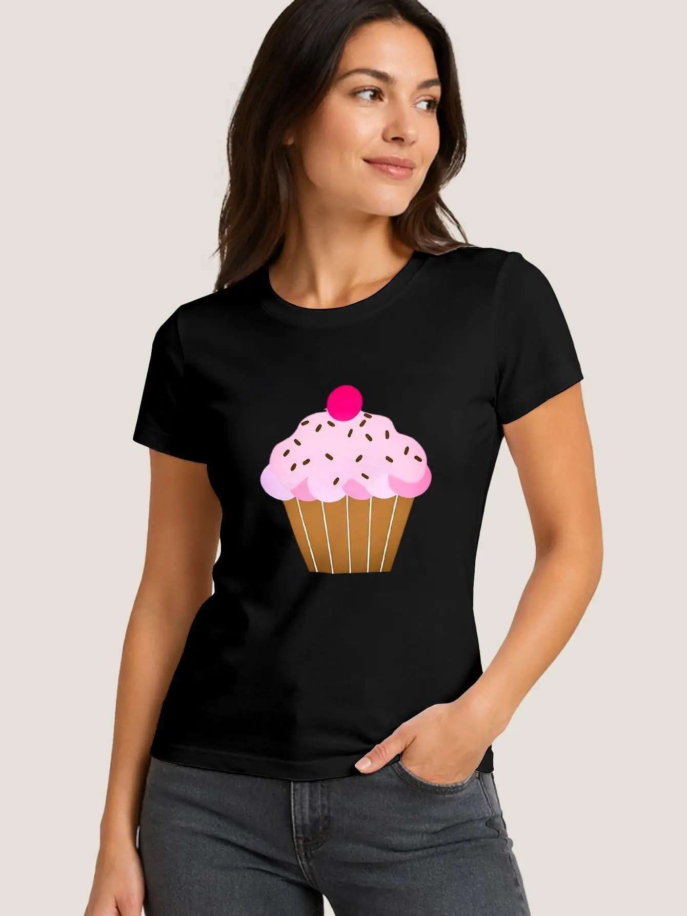 Women'S T-Shirt with Pink Cupcake, Cherry & Sprinkles Graphic for Spring/Summer Wear, Cute Street Style & Everyday Casual-Perfect Gift for Birthday, Dessert Lovers, And Teens Fabric Top