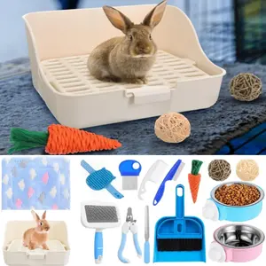 15PCS Rabbit Toys Bowl Blankets Starter Kit Small Litter Box Animal Grooming Kit with Cleaning Set for Guinea Pig Rabbit Accessories