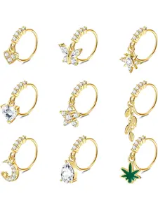 9Pcs Dangle Nose Rings Hoops for Women Men 20G Stainless Steel Nose Piercing Jewelry Pink CZ Heart Moon Butterfly Dangling Nose Hoops Gold, Silver Tone Nose Piercing Accessory