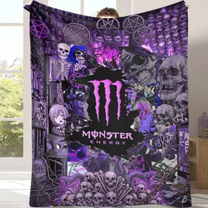 Gothic Skull Monster Energy Flannel Blanket， Dark Purple Pentagram Graphic Pattern， Soft Warm Durable Cozy Texture， Perfect for Bedroom Decor， Halloween Party， Lounge Sofa， Gift for Alternative Style Lovers