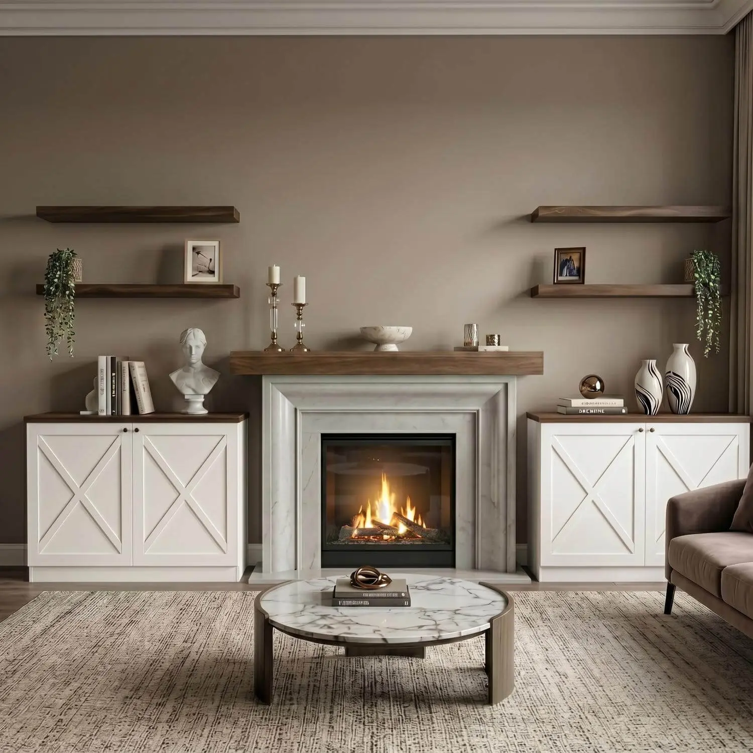 Farmhouse Fireplace Unit with Cabinets & Walnut Shelves