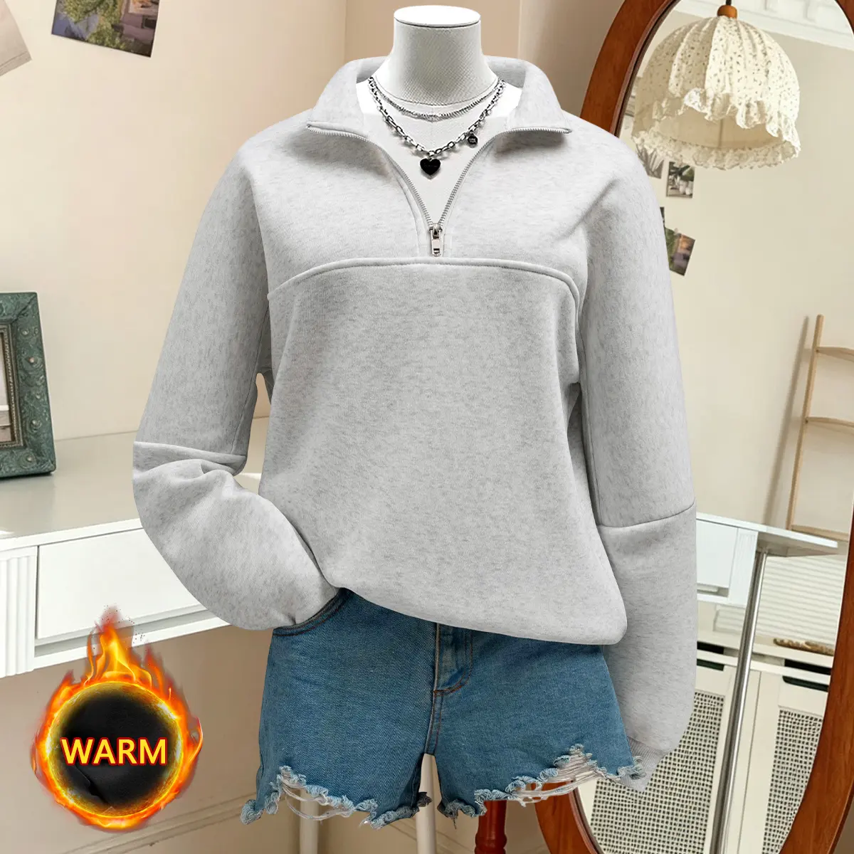 Women’s autumn/winter fashion collared long-sleeve zip sweatshirt jacket, loose fit, casual for outings, relaxed minimalist versatile style, suitable for indoor home leisure or outdoor wear.