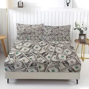 Dollar Theme Dollar Bill Print Bedskirt, Soft Digital Print Bedding Set, Perfect for Young Adults' Bedroom Decor, Includes 1 Fitted Sheet & 2 Pillowcases, Bed Sheets Set