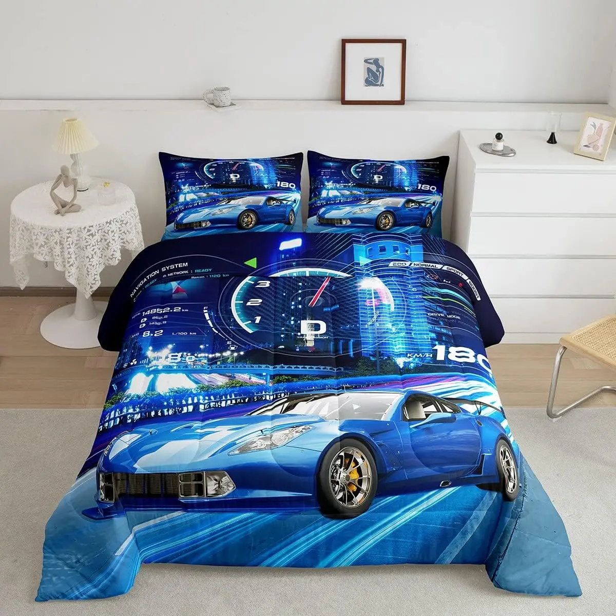 Breathable Microfiber Duvet Set - Lightweight Luxury Super Soft Blue Extreme Sports Theme Race Car Automobile Decorative Bedding Set, Breathable Duvet Set, Microfiber Bedding Set