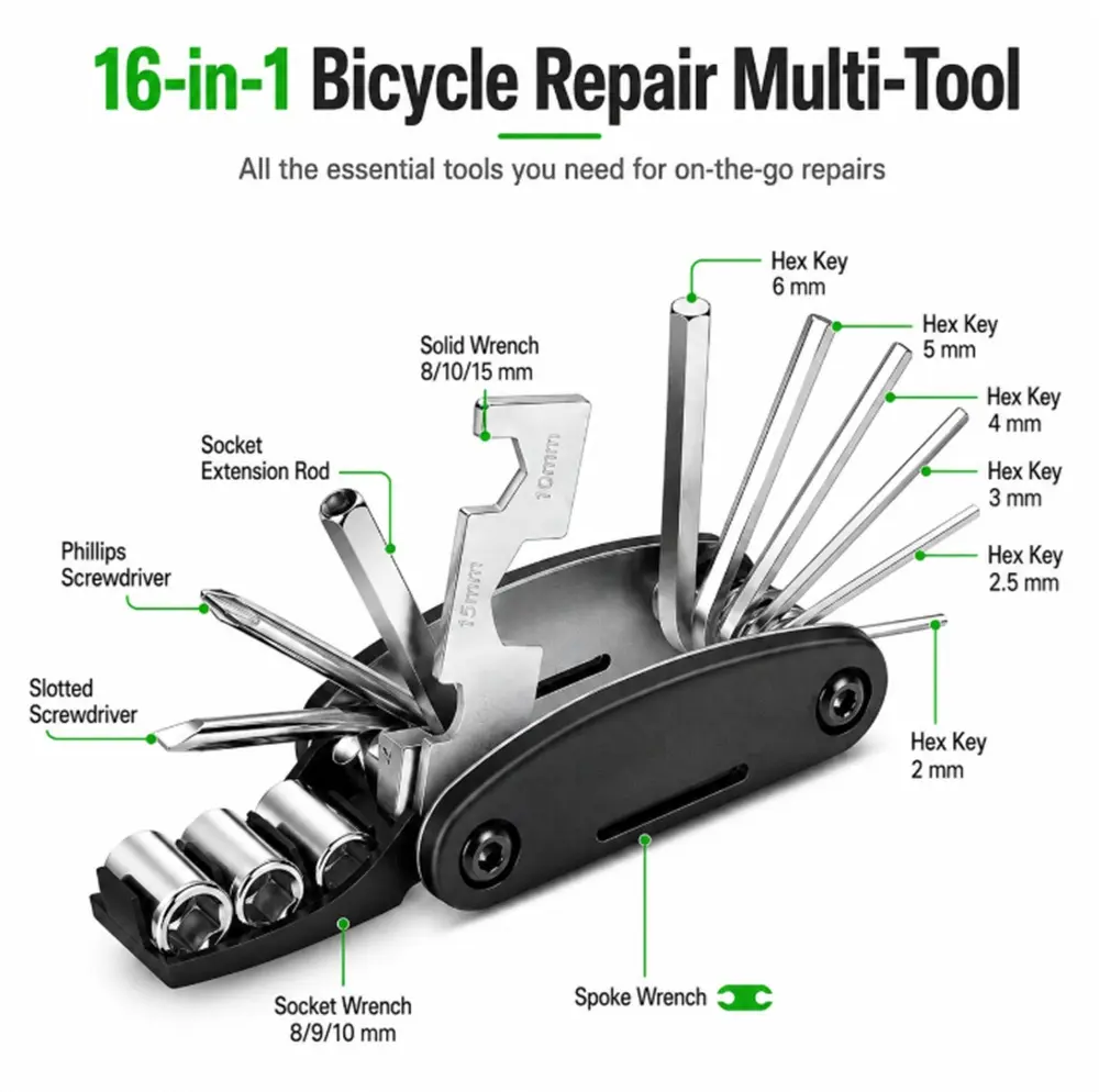 TIKA 16-in-1 Bike Repair Multi Tool Kit with Tire Levers, Hex Wrench and Spoke Wrench for Road and Mountain Bikes