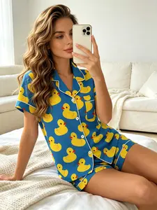 Women's Short Sleeve Button Down Top and Shorts Pajama Set, Womenswear, Spring Summer Wear, Blue Playful Rubber Duck Print, Loose Fit, Breathable, For Daily Home Wear, Casual Wear And Home Office