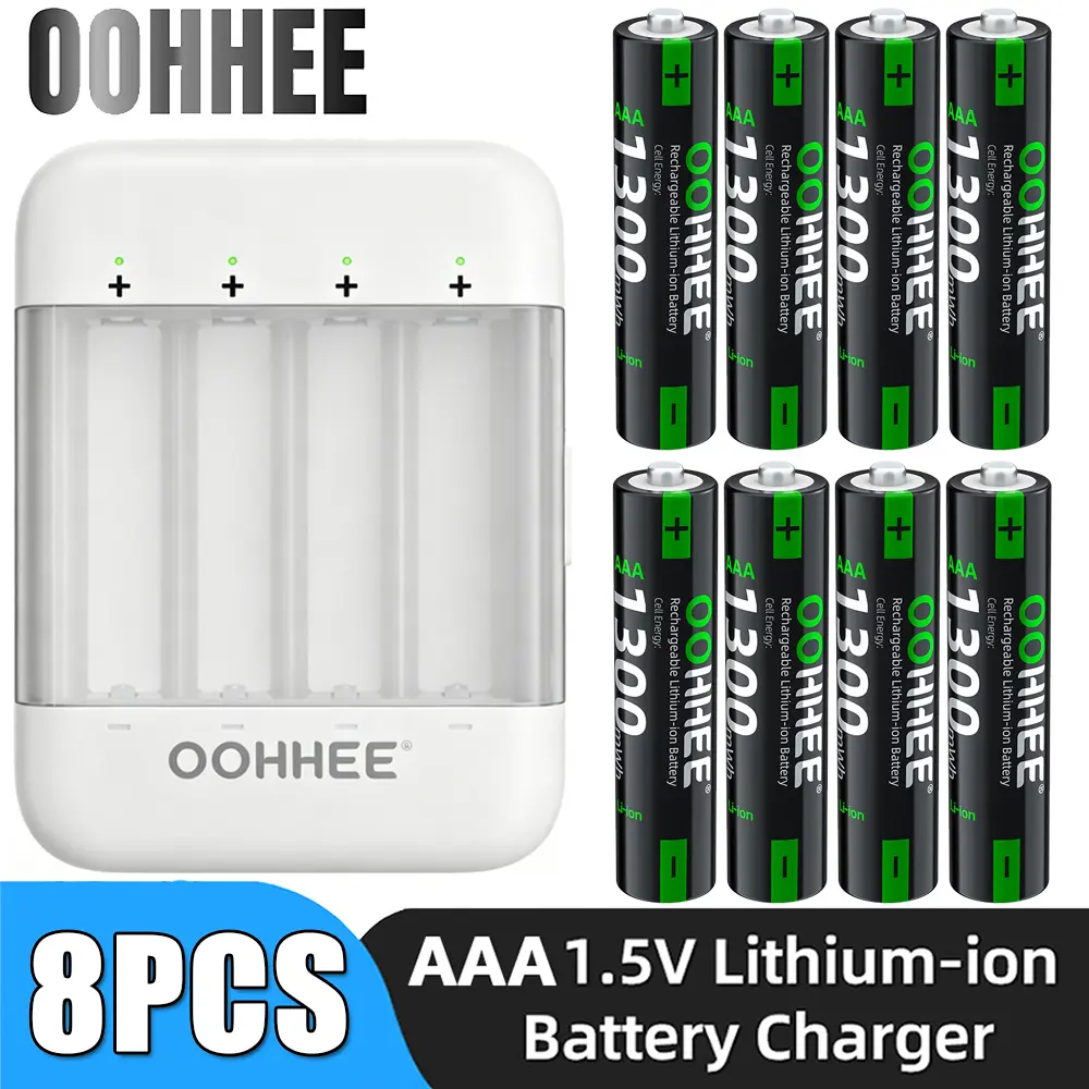 OOHHEE 8 PCS AAA 1300mWh 1.5V Rechargeable Lithium Batteries With Fast Thin Charging Storage Box